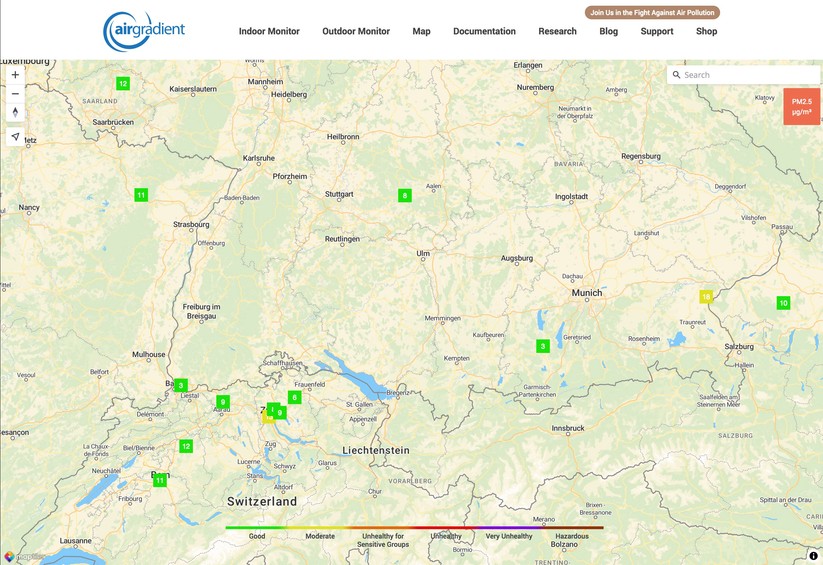 Air Gradient Open Air: Web-Dashboard und Landkarte mit Messwerten