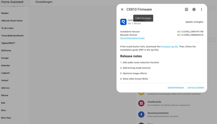 Reolink CX810: Die Integration in Home Assistant ist vorbildlich. Sämtliche Funktionen der Kamera stehen zur Verfügung.