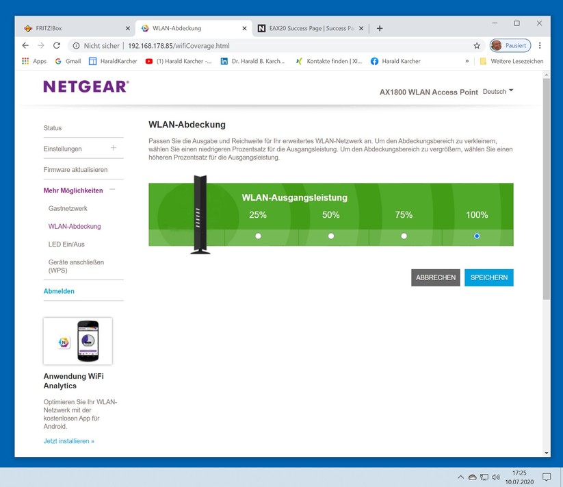 Ab Werk hat unser Netgear EAX20 die höchste gesetzlich in Europa zulässige Sendeleistung von 100 Prozent eingestellt (Screenshot: Harald Karcher).