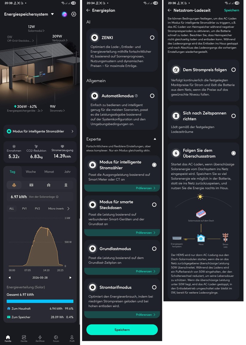 Die Zendure-App zeigt auf der Startseite den Energiefluss. Zur Konfiguration stehen zahlreiche Optionen zur Verfügung.