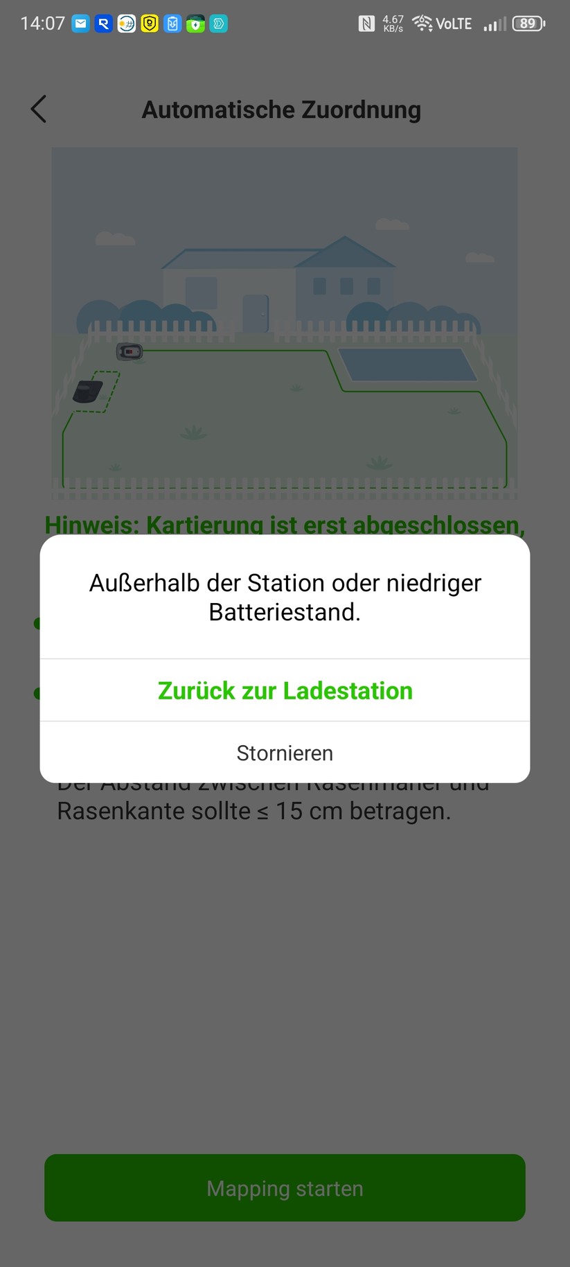 Im zweiten Test-Garten, der von festen Begrenzungen und einer Terrasse mit Steinplatten umgeben ist, funktioniert das Auto-Mapping einwandfrei.