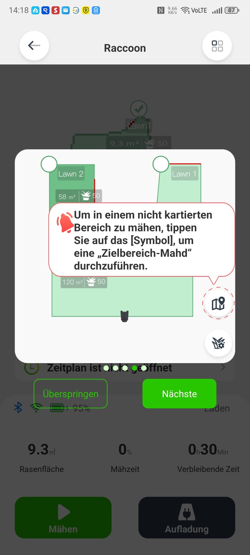 Im zweiten Test-Garten, der von festen Begrenzungen und einer Terrasse mit Steinplatten umgeben ist, funktioniert das Auto-Mapping einwandfrei.
