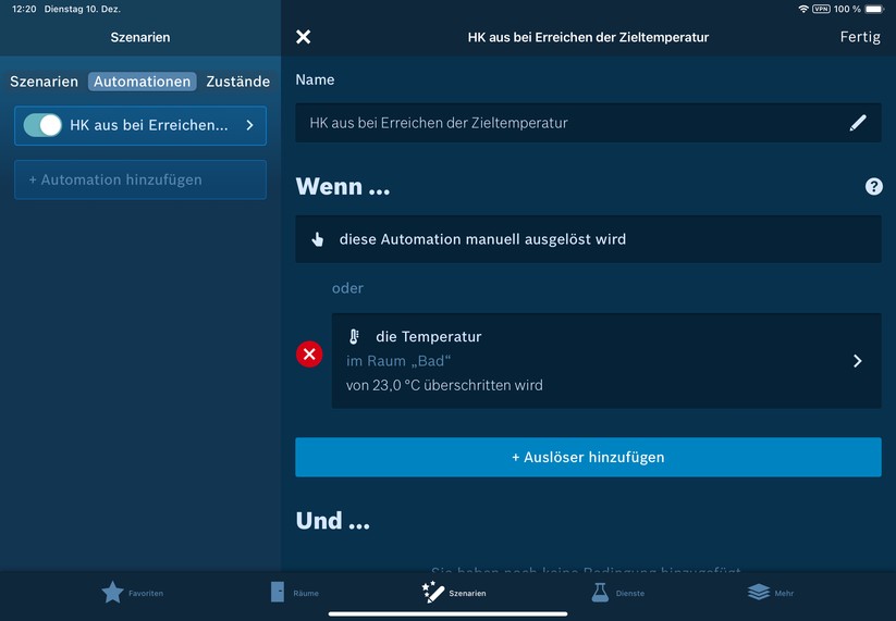 Die Bosch-App bietet außerdem Automatisierungen, mit denen man etwa das Thermostat ausschalten kann, sobald eine bestimmte Temperatur erreicht wurde.
