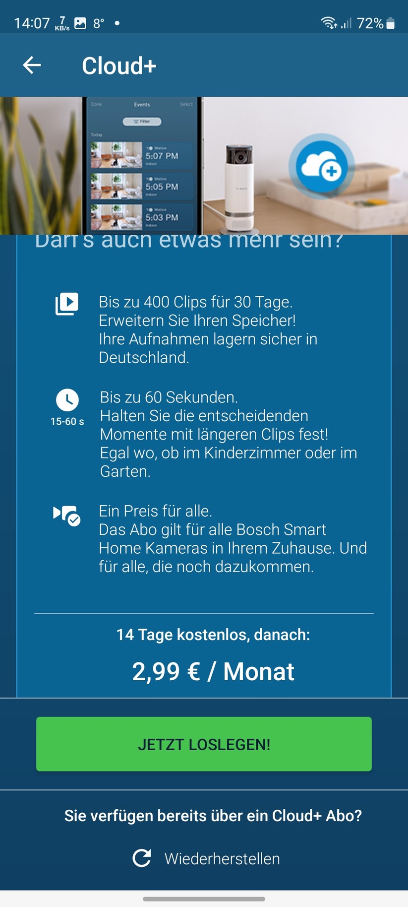 Bosch Eyes Innenkamera II: App, Einrichtung