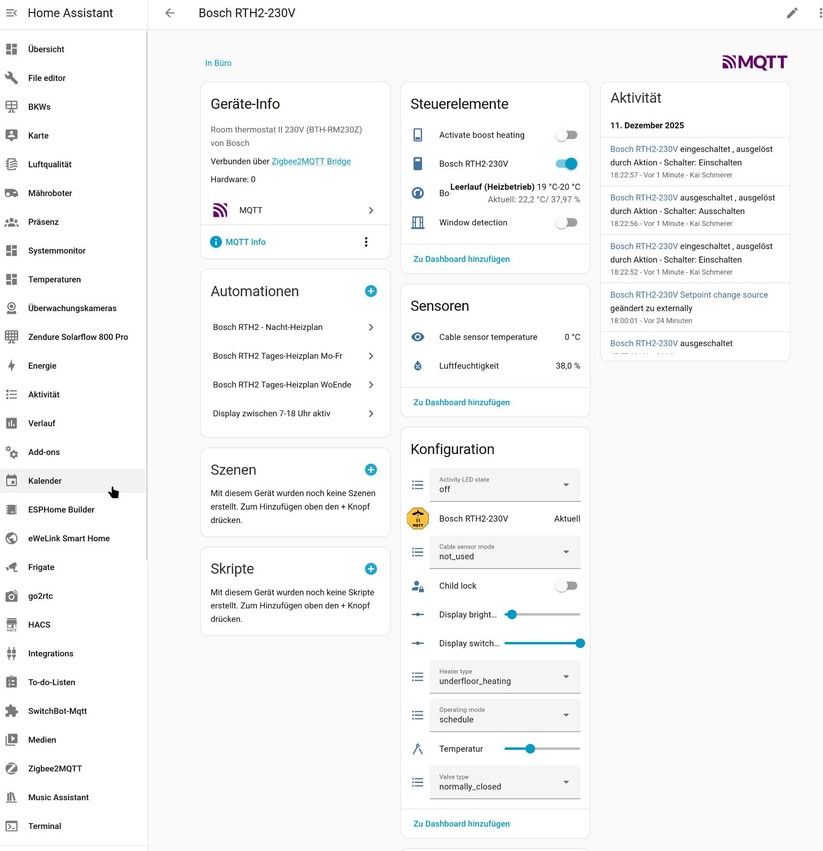 Bosch Raumthermostat II: Für die direkte Integration in Home Assistant ohne Bosch-Hub muss man beim Anlernen den Zigbee-Code hinzufügen. Erst damit erscheinen sämtliche Entitäten des Geräts unter Home Assistant.