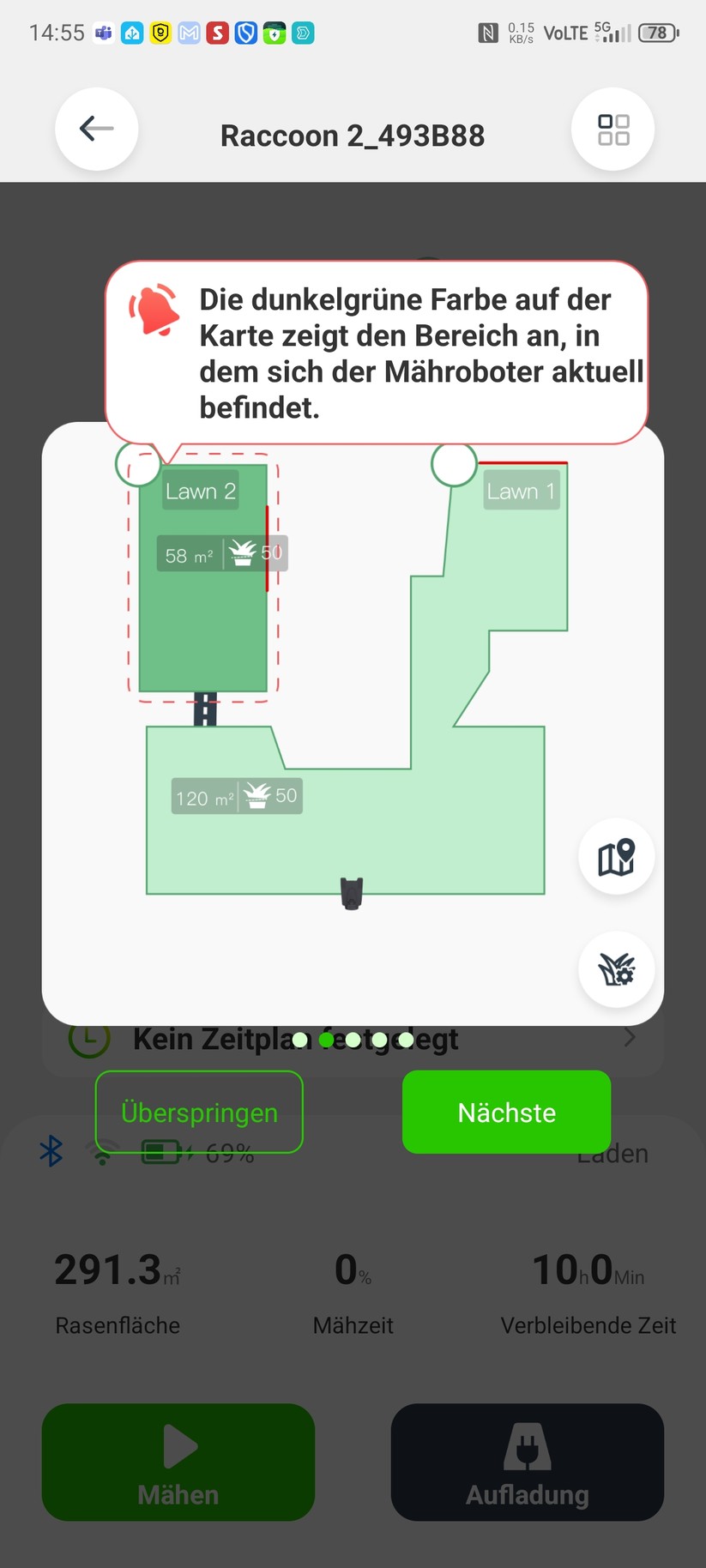 Roboup Raccoon 2 SE: Die Roboup-App liegt auf Deutsch und ist übersichtlich, sodass man den Mähroboter leicht konfigurieren und Zeitpläne erstellen kann.