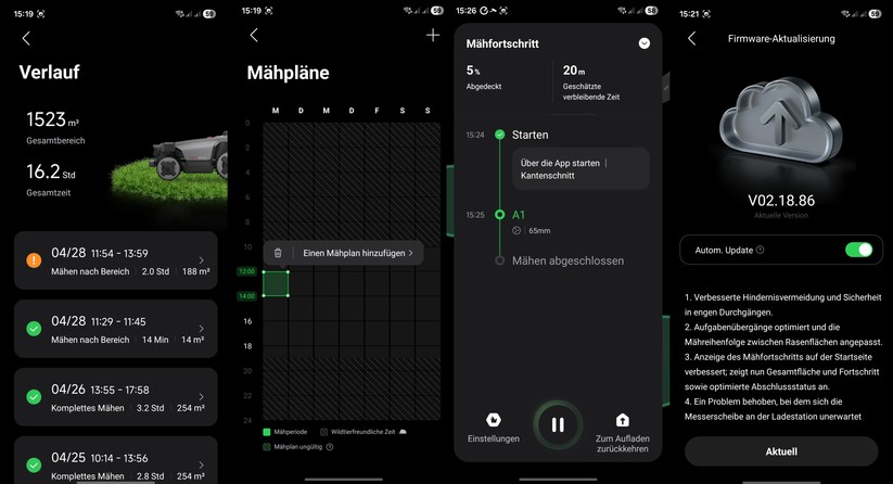 Die App unterstützt Mähpläne und informiert über den Verlauf bisheriger Einsätze. Mit zukünftigen Firmware-Updates will der Hersteller Verbesserungen implementieren.