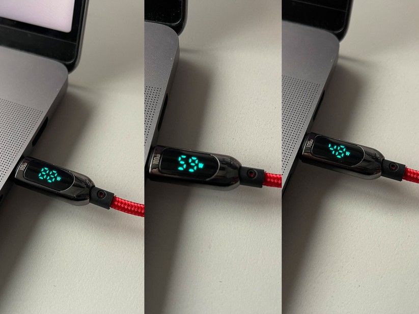 Leerer Akku, viel Rechenleistung gefordert: Mit einem ausreichend starken Netzteil zeigt dieses USB-C-PD-Kabel einen maximalen Verbrauch von 88 Watt an – sowohl an einem 100-Watt-Billigheimer, als auch am Original-Apple-Ladegerät mit 140 Watt (links). Schließt man den Rechner im gleichen Zustand an ein günstiges 60-Watt-Ladegerät für gerade einmal 30 Euro an, fließen eben nur 59 Watt (Mitte). Sobald der Akku fast wieder voll ist, fällt die Last sogar unter 60 Watt – dann reicht das günstige, kleine Netzteil in der Praxis problemlos aus (rechts).