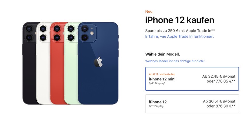 Ab 32,45 Euro kostet das iPhone 12 Mini via apple.de.