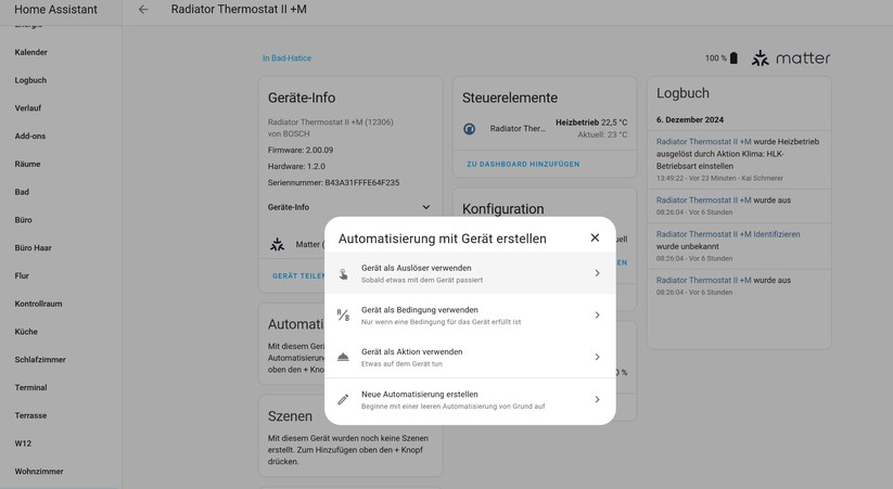 Dank Matter-Unterstützung lassen sich das Bosch-Heizkörperthermostat und der Tür-Fenster-Sensor direkt in Home Assistant einbinden. Die Heizpläne lassen sich mit Automatisierungen abbilden.