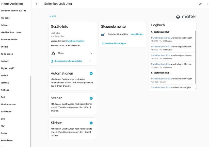 Switchbot Lock Ultra: Die Integration in Home Assistant ist über die Cloud, Bluetooth, Matter und MQTT möglich. Über MQTT wird auch das Ziehen der Falle angeboten. Allerdings funktioniert das nicht korrekt. Scheinbar wird die Kalibrierung über MQTT bei diesem Befehl nicht berücksichtigt. 