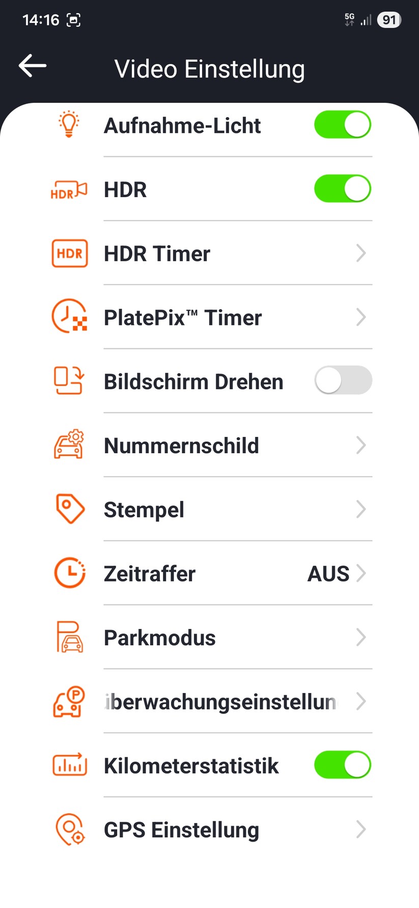 Vantrue E1 Pro – Screenshots der App