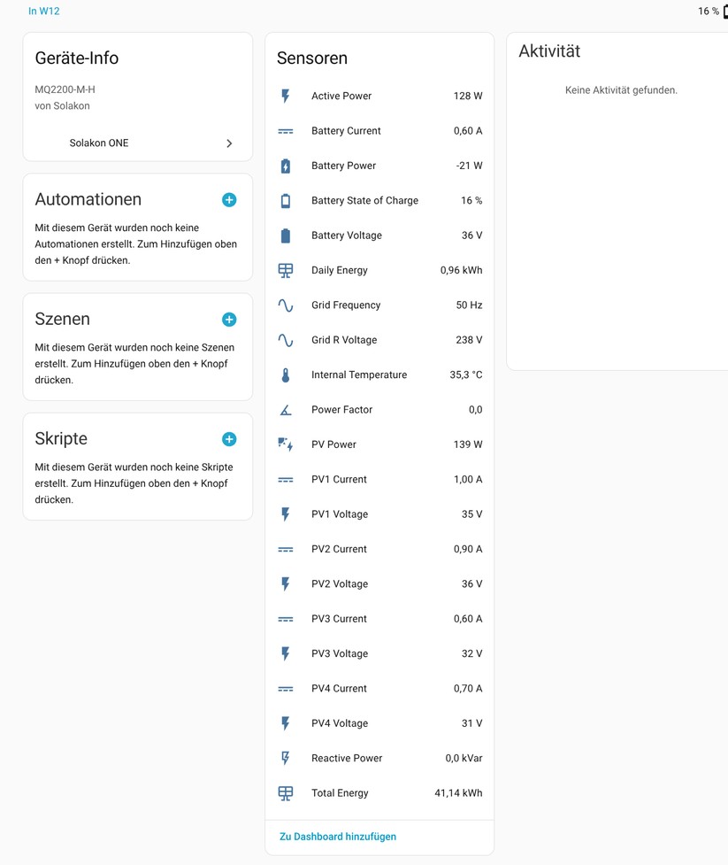 Mit der neuesten Version der Integration stehen nun wesentliche Daten des Solakon One unter Home Assistant zur Verfügung.