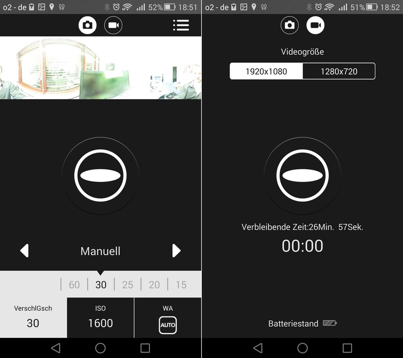 Im Fotomodus (links) bietet die Theta S etliche Einstellungsmöglichkeiten und auch eine Vorschau, die allerdings etwas verwirrend ist. Der Videomodus hält sich mit den Optionen dagegen eher zurück, und auch eine Vorschau gibt es nicht. 