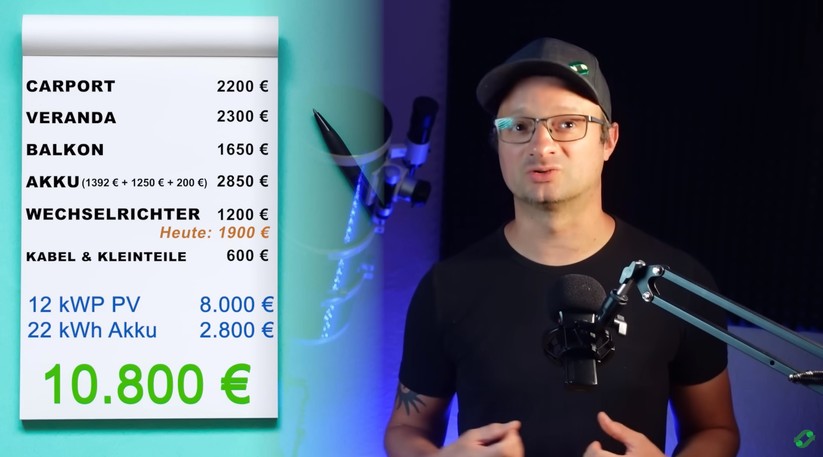 Die Photovoltaik-Anlage im Eigenbau mit 12 kWp Leistung und einer Speicherlösung mit 22 kWh auf Basis von LiFePo4-Akkus kostet insgesamt 10.800 Euro.   
