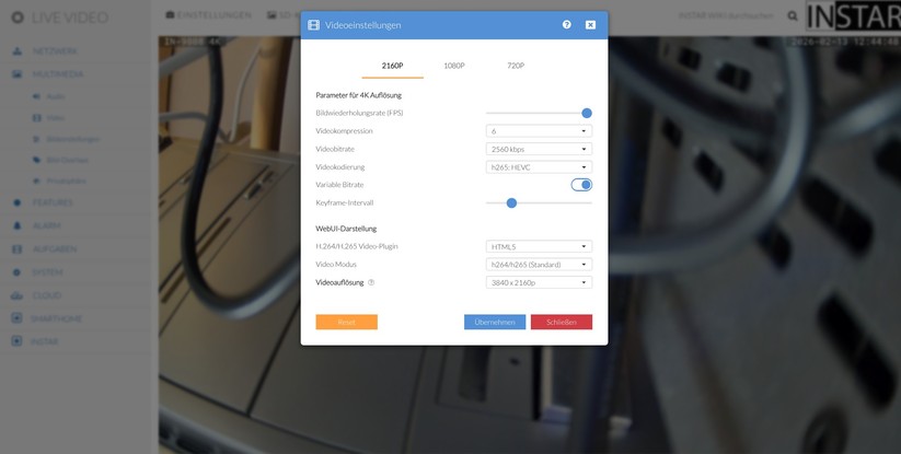 Die Konfiguration der IN-9808 4K erfolgt wahlweise über die App Instar Vision oder die Weboberfläche. Während sich grundlegende Funktionen bequem per App einrichten lassen, stehen erweiterte Optionen wie Onvif und MQTT nur über das Webinterface zur Verfügung.