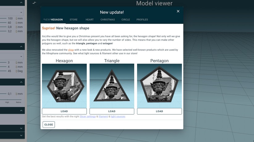 Nun werden zunächst neue Formen für die Lithophane vorgestellt. Das Fenster einfach schließen. 