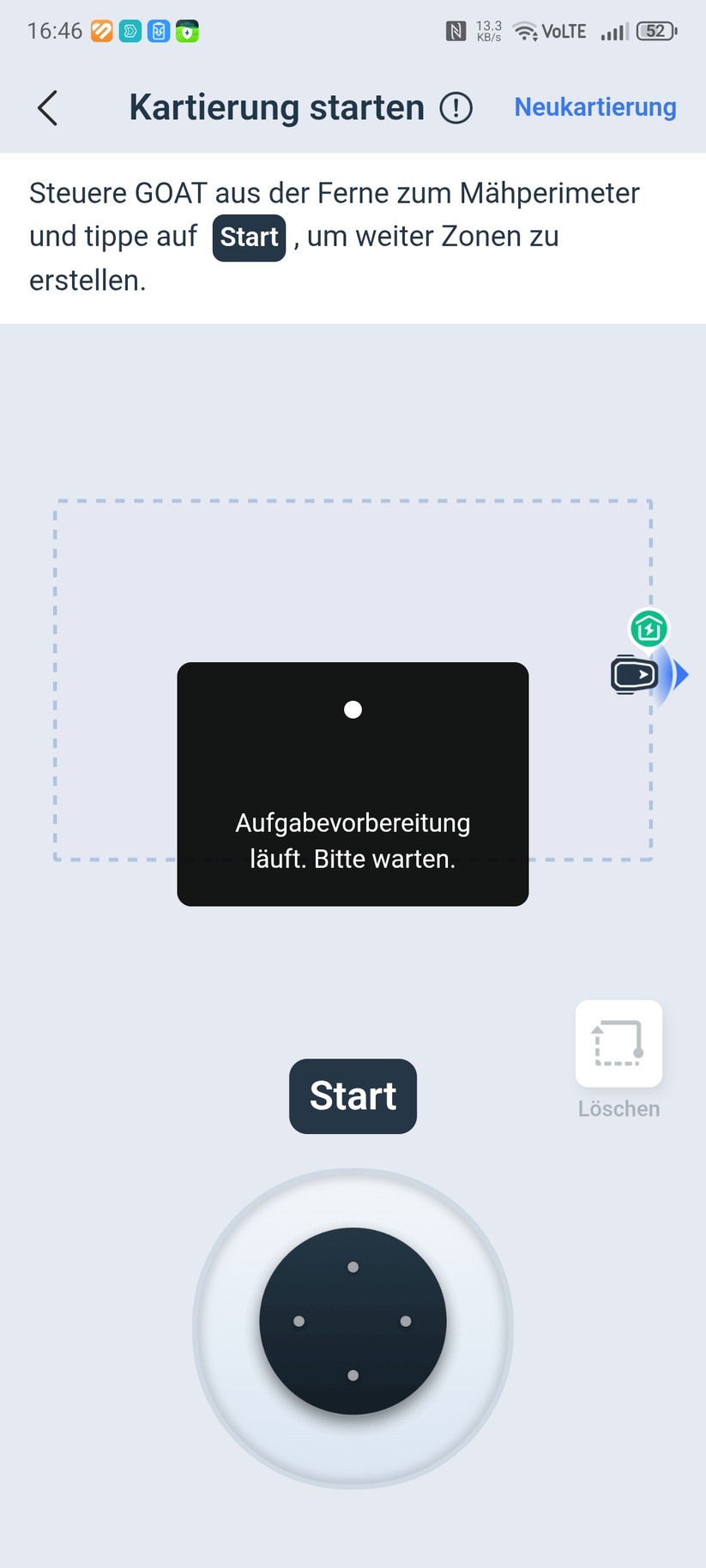 Der Ecovacs Goat A3000 LiDAR bietet eine automatische Kartierung, die allerdings nur funktioniert, wenn die Rasenfläche klar abgegrenzt ist. In unserem Test-Garten mit offenen Übergängen kartieren wir manuell. Die Methode liefert in jedem Fall die präziseren Ergebnisse.