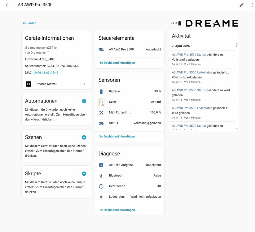 Dreame A3 AWD Pro 3500: Für Home-Assistant gibt es eine community-basierte Integration, die allerdings an die Dreame-Cloud gekoppelt ist. Eine lokale Ansteuerung ist nicht möglich. Mit der Integration hat man Zugriff auf viele Betriebsdaten wie dem Akku-Status und dem Mähfortschritt.