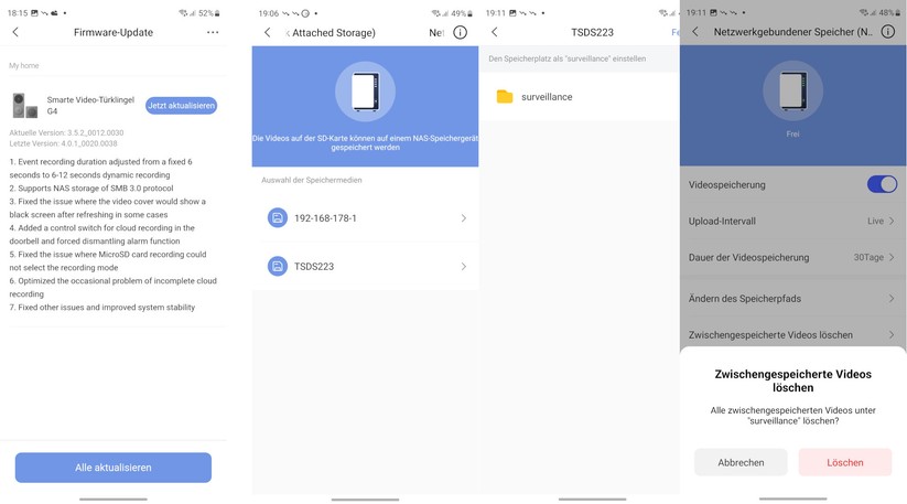 Aqara Smarte Video-Türklingel G4: Mit dem neusten Update speichert die Kamera Videos auch auf einem NAS. Die App findet entsprechende NAS-Geräte automatisch. Im Beispiel findet sie eine Fritzbox und eine Synology-NAS.