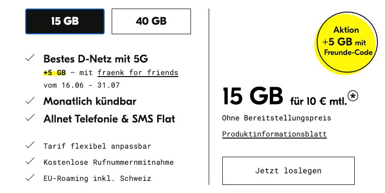 Das aktuelle Tarifangebot von Telekom-Tochter Fraenk.