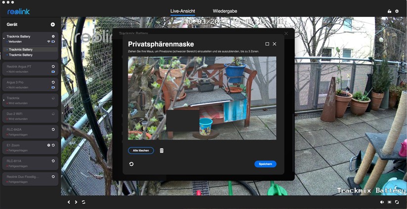 Reolink Trackmix Akku: Für einen DSGVO-konformen Einsatz unterstützt die Reolink sogenannte Privatsphärenmasken. Damit werden entsprechend markierte Bereich geschwärzt.