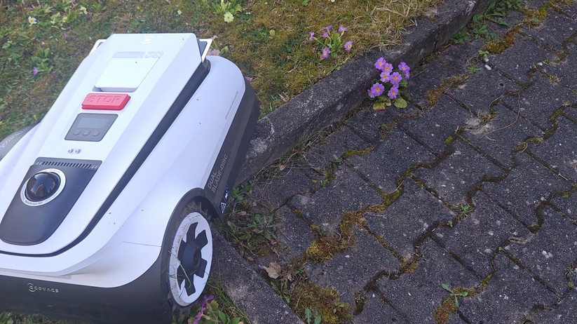 Unsere nur 70 cm breite Engstelle zwischen zwei Rasenzonen passiert der Goat A3000 LiDAR Pro im Test nicht. Scheinbar ist der Mähroboter durch die Trimmeinheit dafür zu breit geworden, denn das Vorgängermodell hat diese Engstelle gemeistert. RTK-Mähroboter sind bislang alle daran gescheitert.
