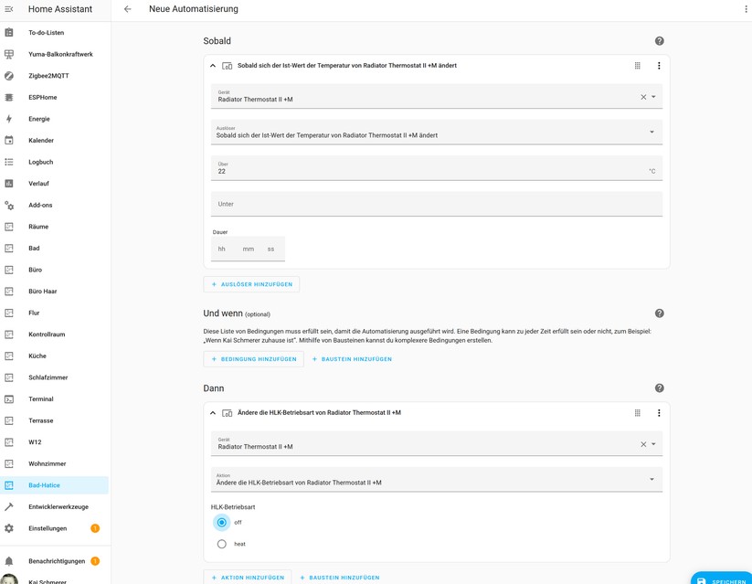 Dank Matter-Unterstützung lassen sich das Bosch-Heizkörperthermostat und der Tür-Fenster-Sensor direkt in Home Assistant einbinden. Die Heizpläne lassen sich mit Automatisierungen abbilden.