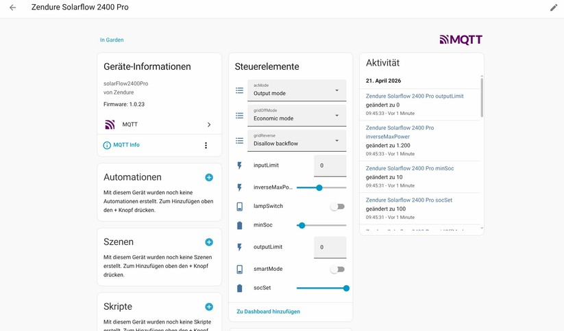 Zendure Solarflow 2400 Pro: Per MQTT in Home Assistant integrieren.