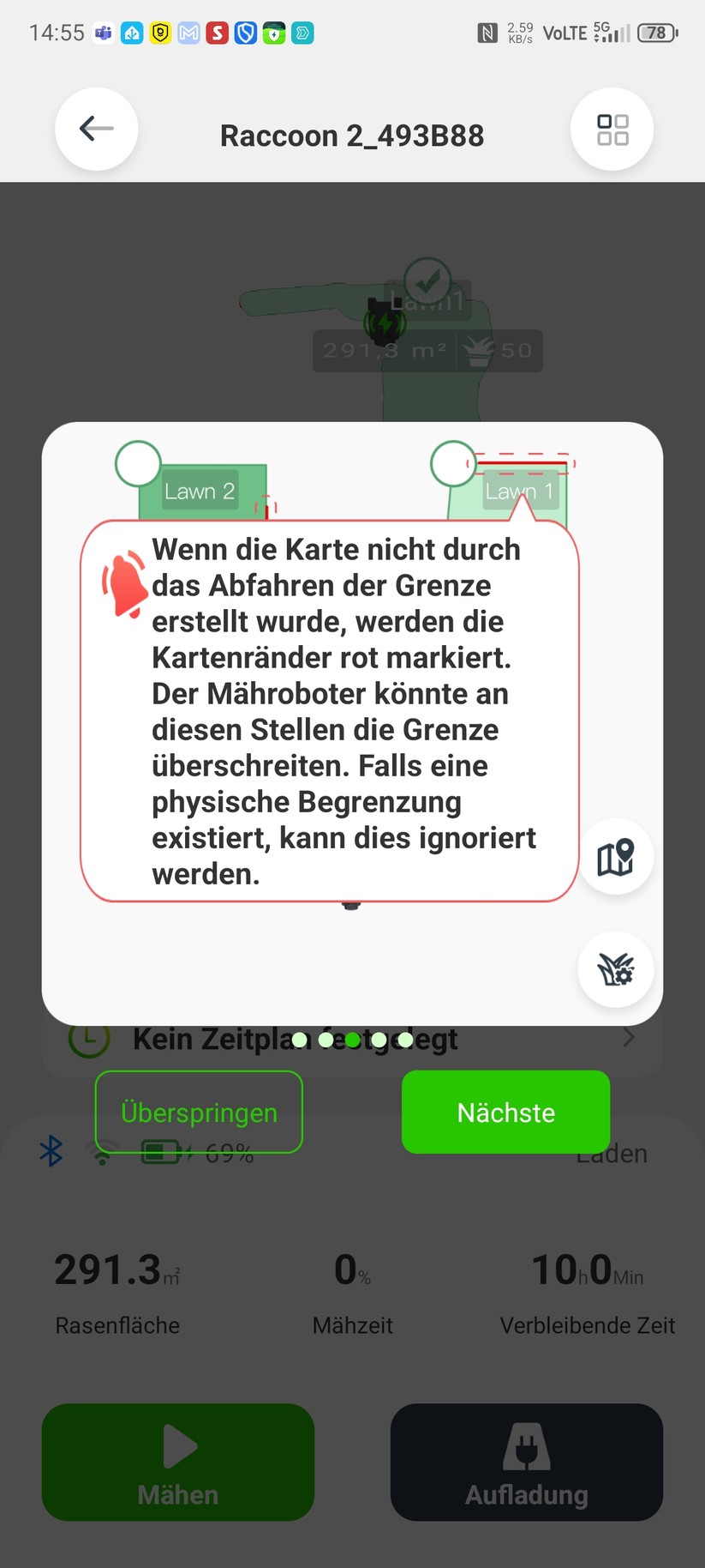 Roboup Raccoon 2 SE: Die Roboup-App liegt auf Deutsch und ist übersichtlich, sodass man den Mähroboter leicht konfigurieren und Zeitpläne erstellen kann.