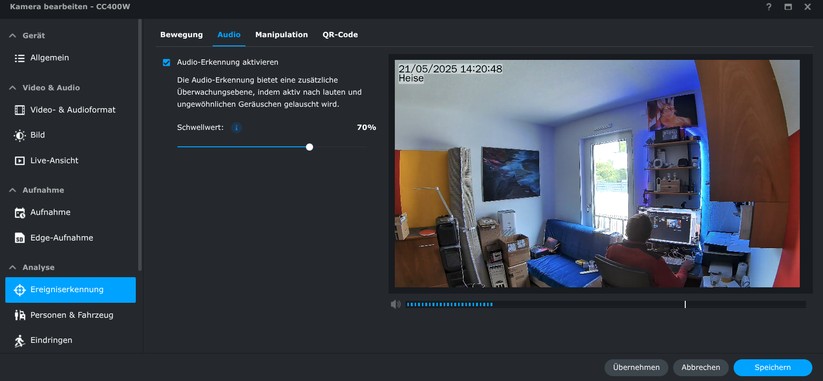 Synology CC400W: Die KI-Überwachungskamera bietet zahlreiche Einstellungsmöglichkeiten. Dazu zählen neben der typischen Erkennung von Personen und Fahrzeugen auch die Möglichkeit, diese zählen zu lassen. Die Bildqualität tagsüber geht in Ordnung. Dank HDR bietet sie ein ausgewogenes Bild. Bilder bei Dunkelheit sind aber nur mittelnäßig.