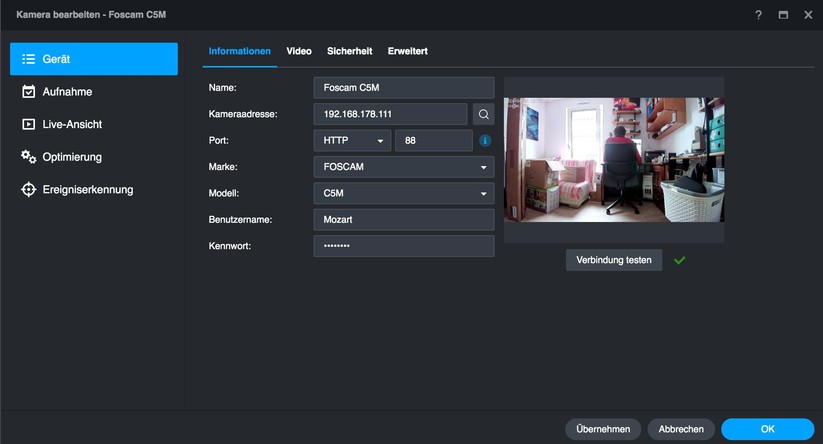 Foscam C5M 3K: Für die Steuerung der Überwachungskamera gibt es auch eine Desktop-Anwendung. Außerdem können Anwender dank Onvif-Support die C5M 3K auch mit Synology Surveillance Station betreiben und in Smart-Home-Zentralen wie Home Assistant einbinden.
