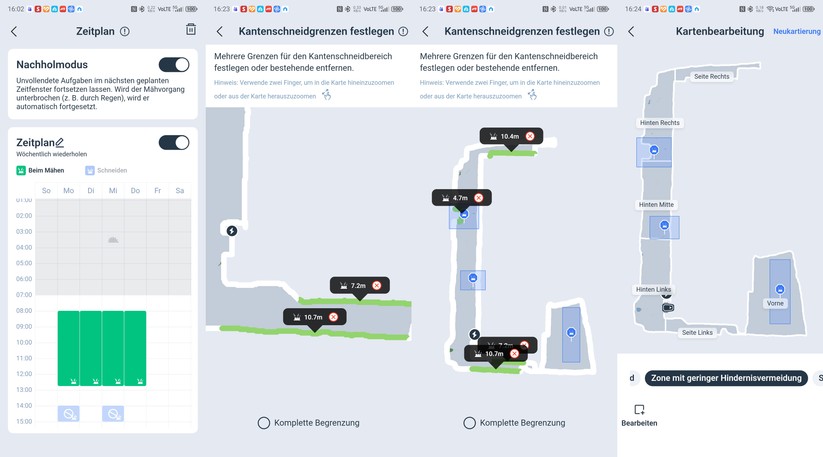 Über Zeitpläne lässt sich der Einsatz des Mähroboters automatisieren. Soll auch der Trimmer verwendet werden, muss für diesen ein zusätzlicher Zeitplan erstellt werden. Zuvor markiert man den Bereich auf der Karte, der von der Trimmeinheit bearbeitet werden soll. Nützlich ist auch die Möglichkeit, Zonen mit geringer Hinderniserkennung festzulegen. Dadurch mäht der O1200 LiDAR Pro auch unter Büschen.