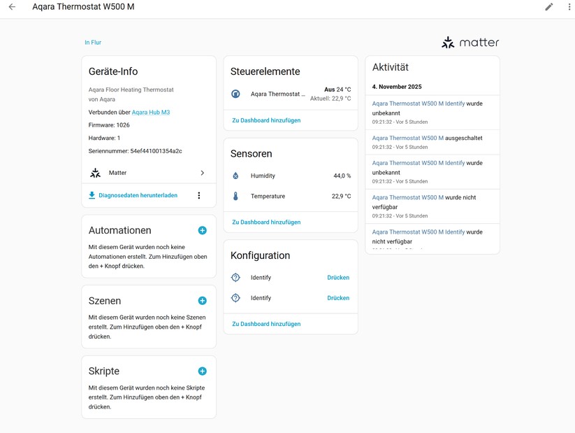 Mit Zigbee stehen auch unter Home Assistant nahezu sämtliche Funktionen des Thermostats zur Verfügung, die es in Kombination mit dem Aqara-Hub M3 bietet. Allerdings ist die Konfiguration etwas aufwendiger. Das Gleiche gilt für den Climate Sensor W100.