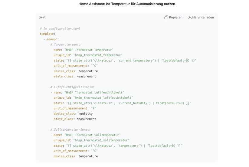 Eine Integration des Homematic IP Glas-Wandthermostats in Home Assistant ist möglich, bietet allerdings nicht sehr viele Funktionen, sodass manuelle Anpassungen nötig sind. Dank KI-Tools hält sich der Aufwand dafür allerdings in Grenzen.