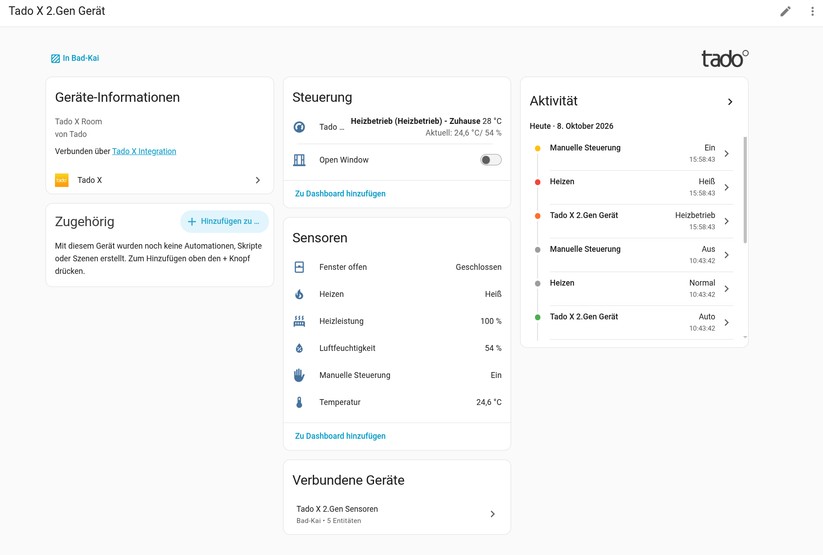 Die Cloud-basierte Integration HA-Tado-X bildet das volle Funktionsspektrum der App unter Home Assistant ab. Die Matter-Integration liefert hingegen nur wenige Steuerungsmöglichkeiten.