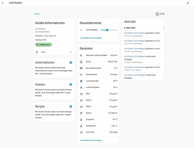 Dank einer Integration für Home Assistant steht der Air-Q Radon auch unter dem beliebten Smart-Home-System für Automatisierungen zur Verfügung. Mittels Dashboards lassen sich Daten bequem auswerten.
