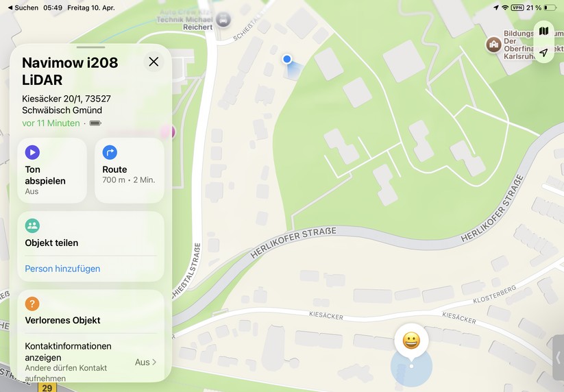 Mit einem iPhone oder iPad kann man über den Dienst „Wo ist?“ den Standort des Navimow i208 LiDAR ermitteln.
