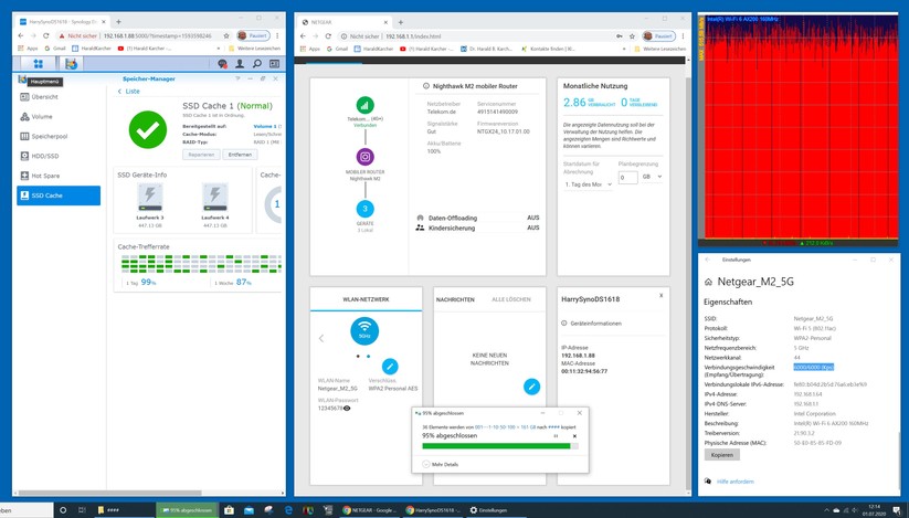 Hier holt unser WLAN-schnellster Dell-PC über die Netgear_M2_5G WLAN-Funkzelle gerade 161 GByte an Testdateien mit 500 MBit/s netto (rechts oben) aus dem SSD-Cache (links) einer Synology DS1618+ NAS (Bild: Harald Karcher).