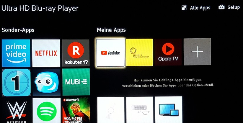Aktuelle UHD-Blu-Ray-Player lassen sich mit Apps erweitern und werden so zusätzlich zu einem Streaming-Zentrum. 
