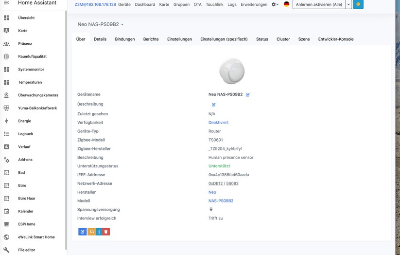 Human Presence Sensor Pro: Über die direkte Anbindung mit Zigbee2MQTT stehen in Home-Assistant sämtliche Konfigurationsmöglichkeiten zur Verfügung.