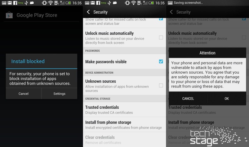 Um den Play Store zu installieren, muss der User das Häkchen bei "Unbekannte Quellen" beziehungsweise "Unknown Sources" setzen.