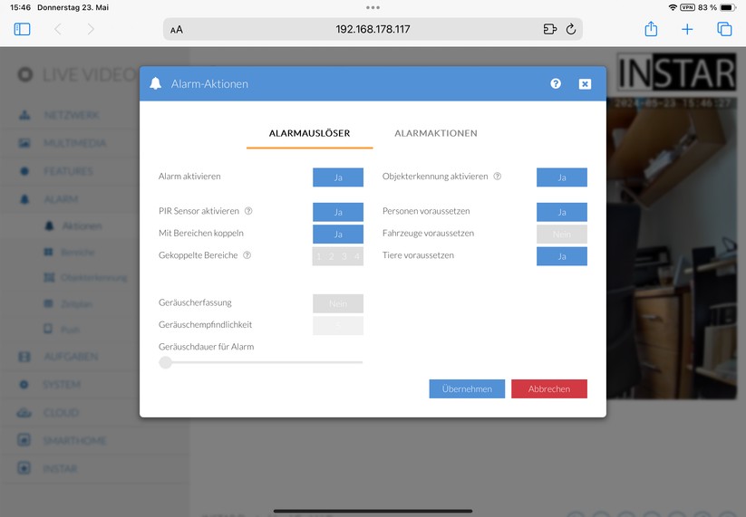 Instar IN-8401: Zugriff über Browser mit moderner und übersichtlicher Web-UI