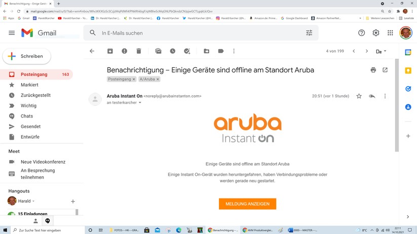 Wir stolpern jetzt mal absichtlich über ein LAN-Kabel und bekommen auf allen Handys und Rechnern sofort die folgende Meldung per Email: