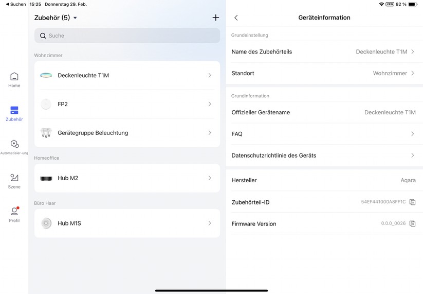 Aqara Deckenleuchte T1M: Einstellungen der Aqara-App
