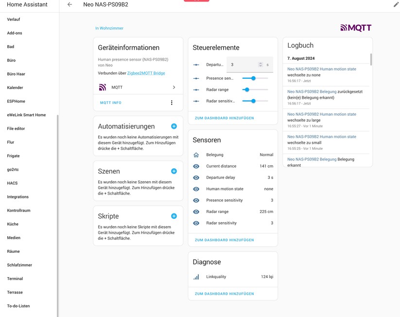 Human Presence Sensor Pro: Über die direkte Anbindung mit Zigbee2MQTT stehen in Home-Assistant sämtliche Konfigurationsmöglichkeiten zur Verfügung.