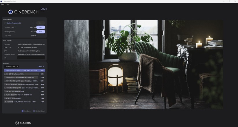 Im Cinebench 24 erzielt der MS-S1 Max im Multi Core mit 1901 Punkten einen Top-Wert.
