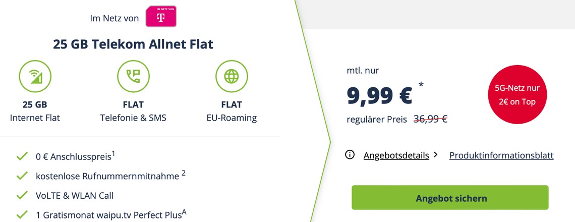 25 GB im Telekom-Netz für nur 9,99 Euro monatlich bei Freenet