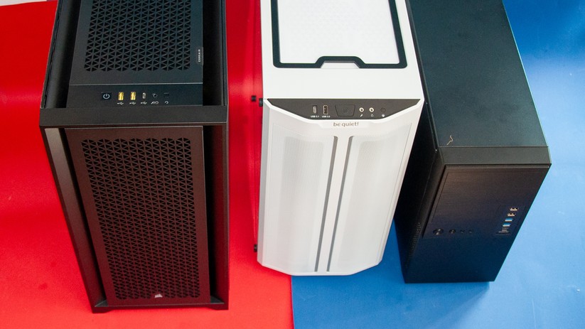  Midi oder Mini? Die beiden linken Gehäuse von Corsair und be quiet sind Midi-Tower, das Gehäuse rechts von Inter-Tech ist ein Mini-Tower