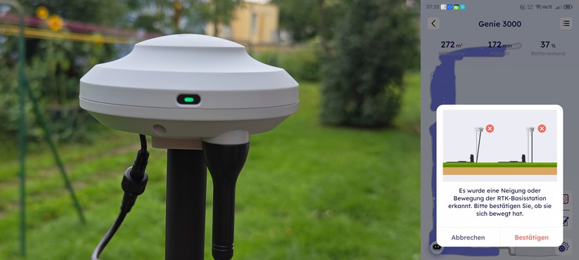 Die RTK-Antenne signalisiert mit einer grün leuchtenden LED, dass sie genügend Satellitendaten für die Navigation empfängt. Wird sie vom Strom getrennt, meldet die App einen Fehler, dass sich die Antenne zur Seite geneigt hätte. Dann muss man die Karte neu anlegen - ein Fehler, der hoffentlich bald korrigiert wird.